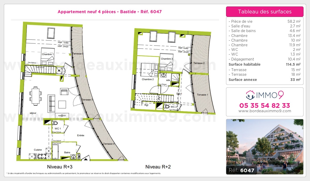 Plan et surfaces, Programme neuf Bordeaux : Bastide Référence n° 6047