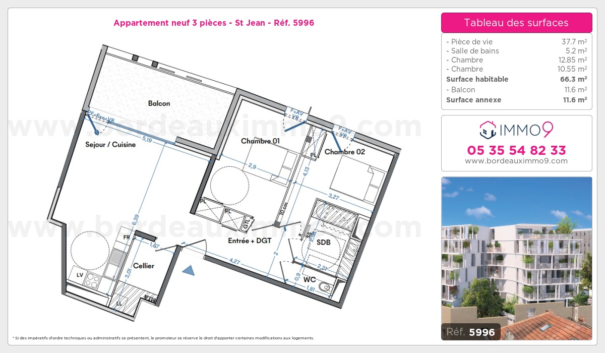 Plan et surfaces, Programme neuf Bordeaux : St Jean Référence n° 5996