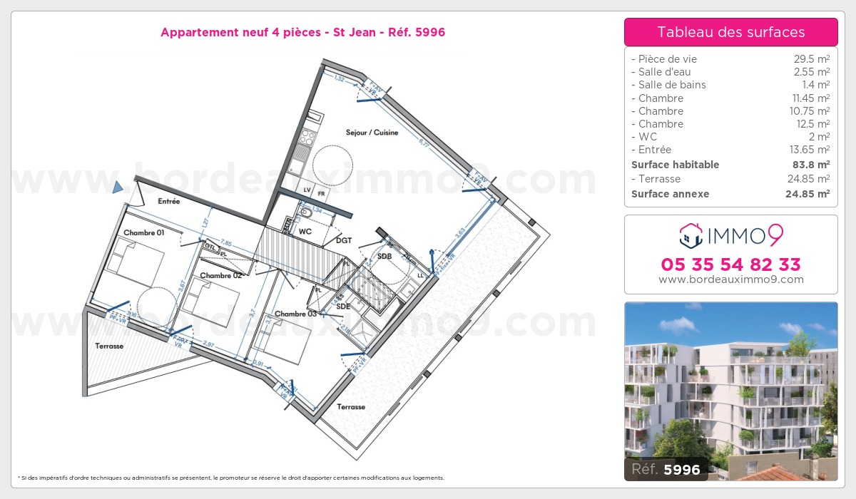 Plan et surfaces, Programme neuf Bordeaux : St Jean Référence n° 5996