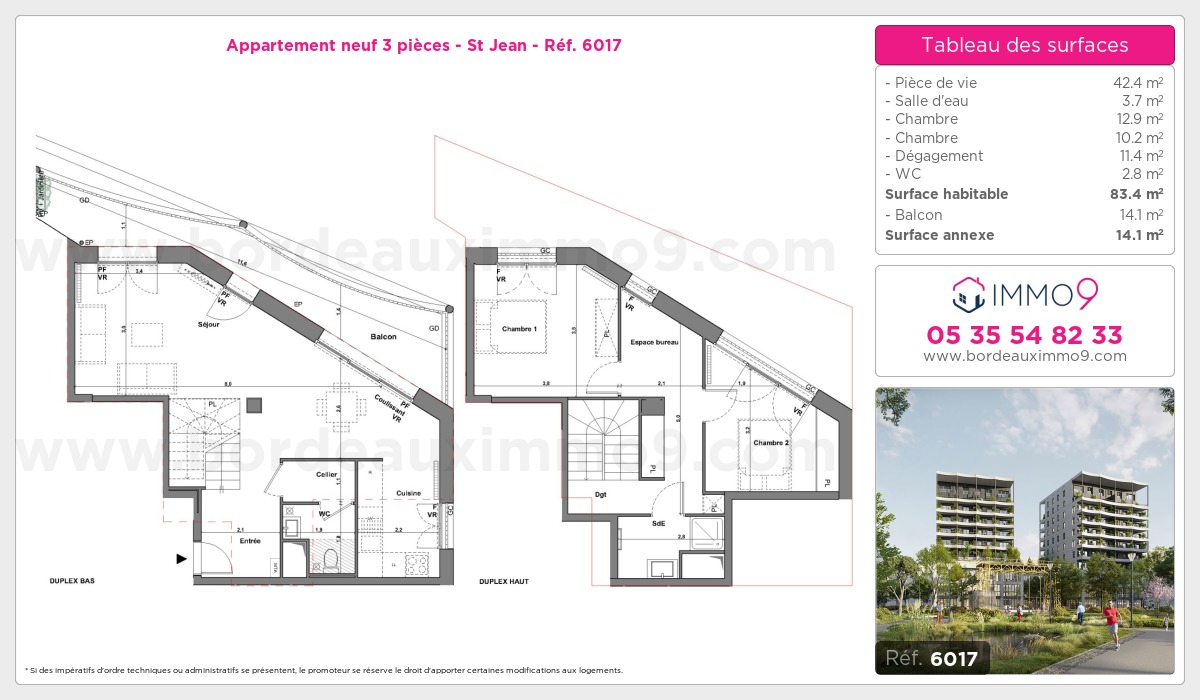 Plan et surfaces, Programme neuf Bordeaux : St Jean Référence n° 6017