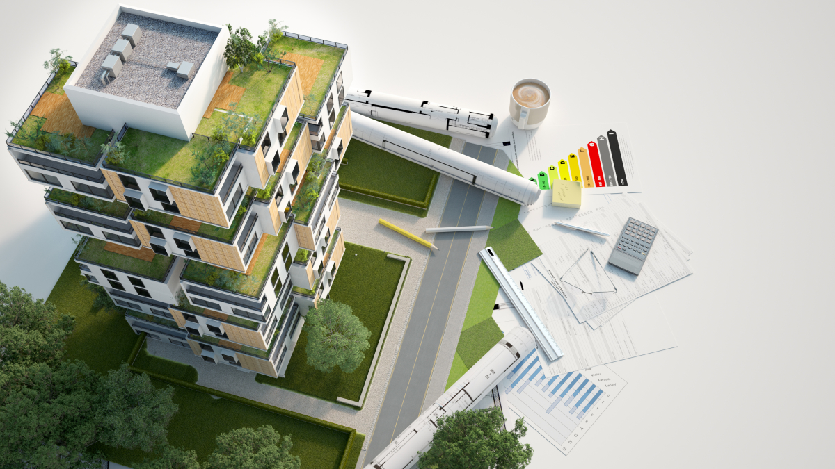 Compostage obligatoire 2024 en copropriété — maquette 3D d’un immeuble d’appartement écoresponsable et luxuriant