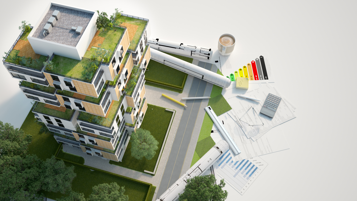 Les copropriétés peuvent agir de plusieurs manières pour faciliter l’accès des résidents au compostage Compostage obligatoire 2024 en copropriété — maquette 3D d’un immeuble d’appartement écoresponsable et luxuriant
