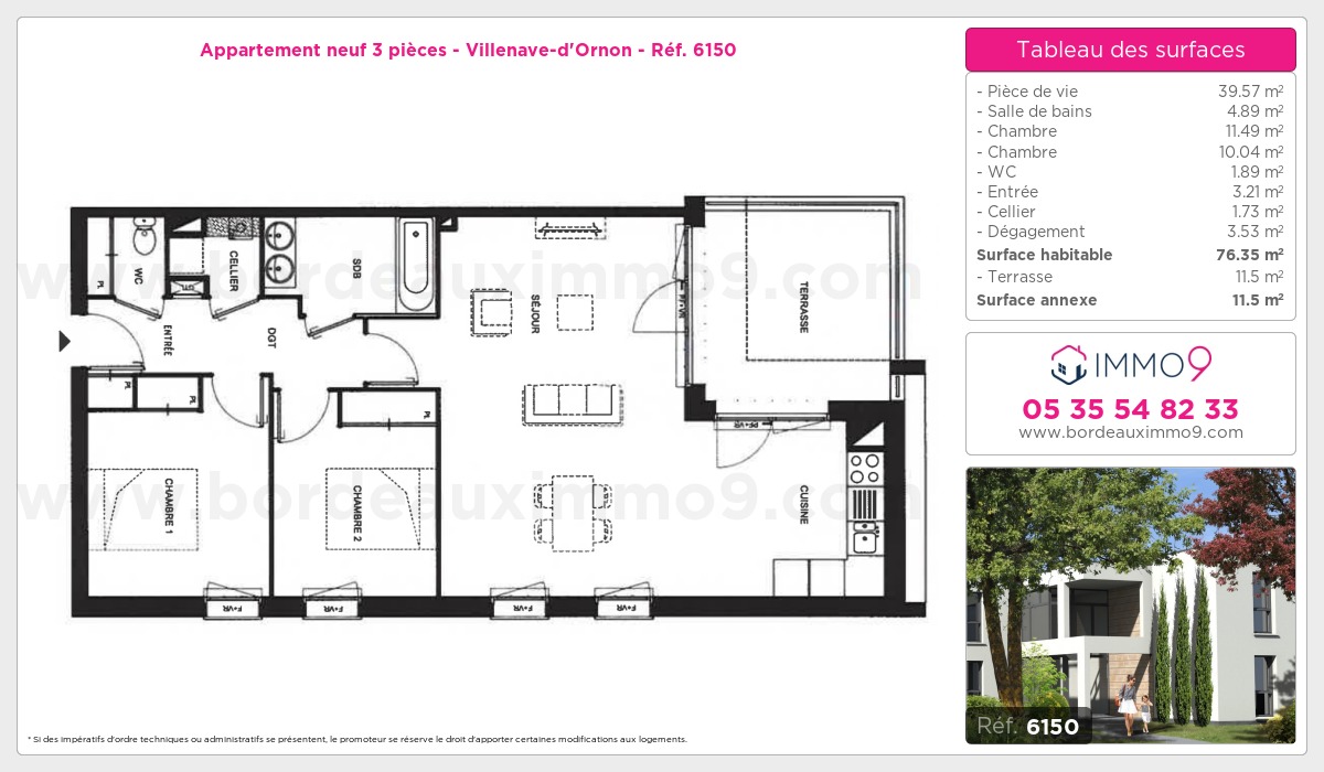 Plan et surfaces, Programme neuf Villenave-d'Ornon Référence n° 6150