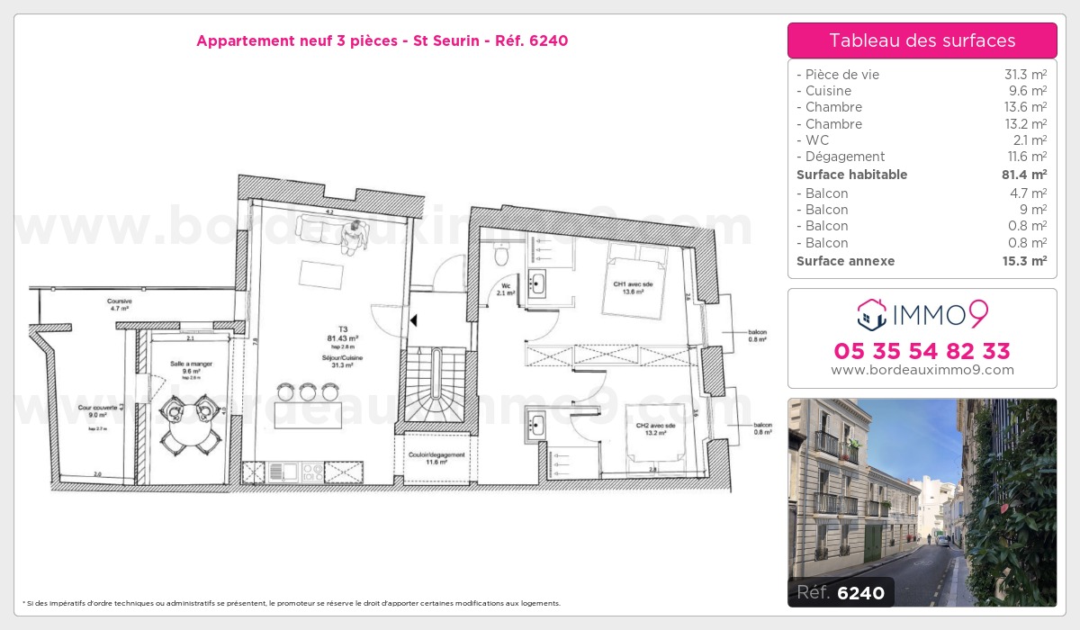 Plan et surfaces, Programme neuf Bordeaux : St Seurin Référence n° 6240