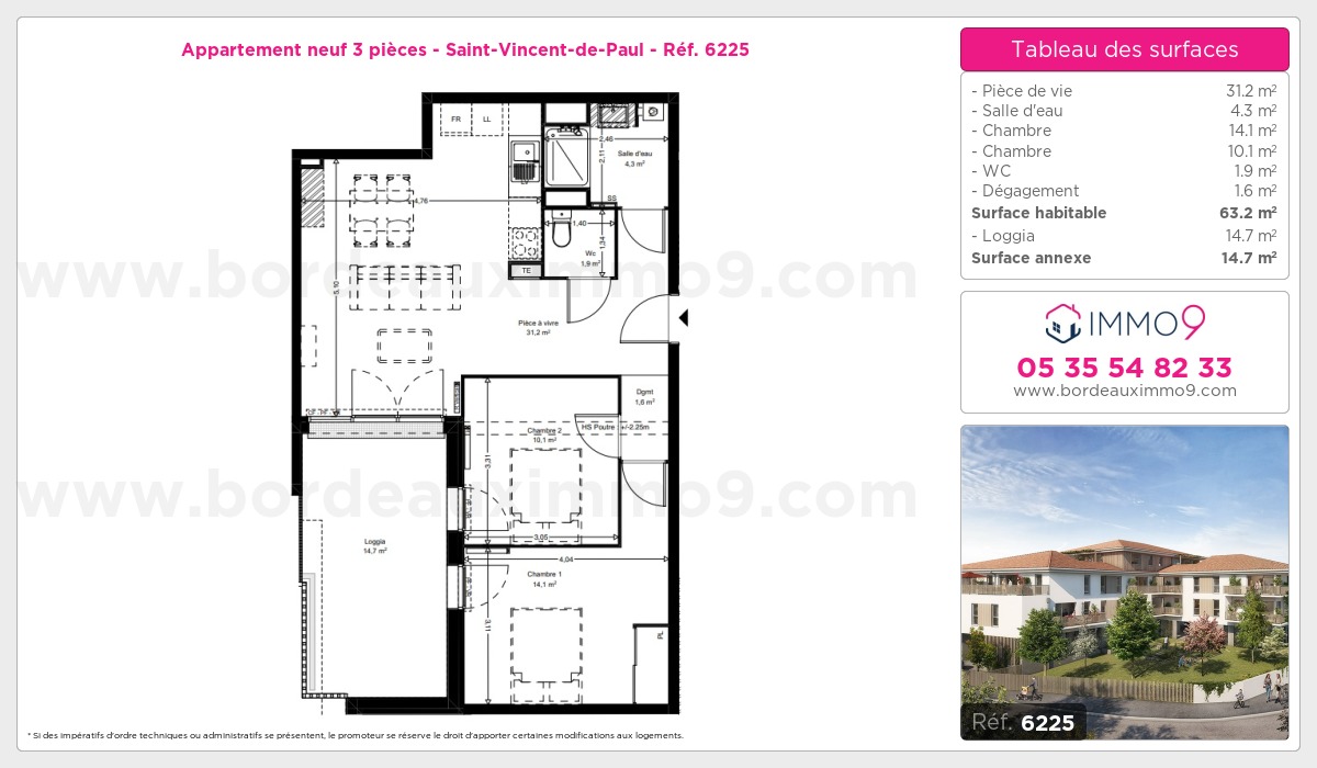 Plan et surfaces, Programme neuf Saint-Vincent-de-Paul Référence n° 6225