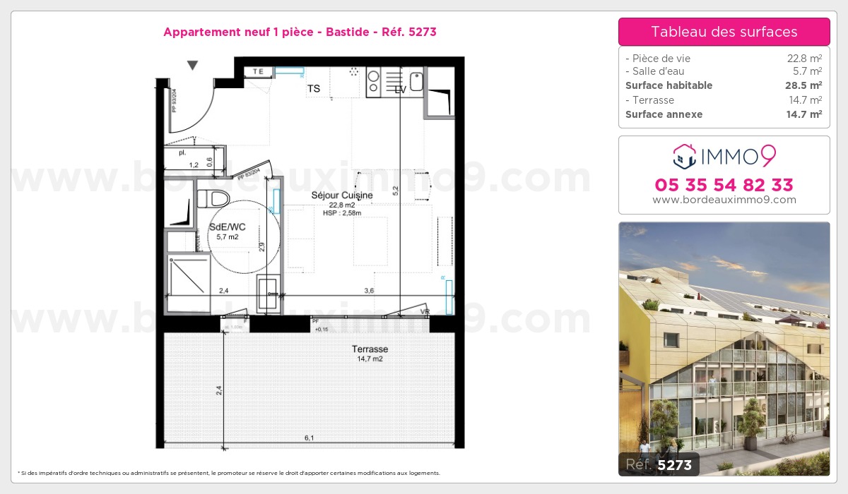 Plan et surfaces, Programme neuf Bordeaux : Bastide Référence n° 5273