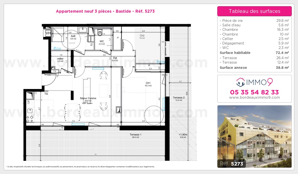 Plan et surfaces, Programme neuf Bordeaux : Bastide Référence n° 5273