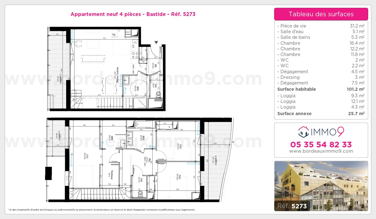 Plan et surfaces, Programme neuf Bordeaux : Bastide Référence n° 5273