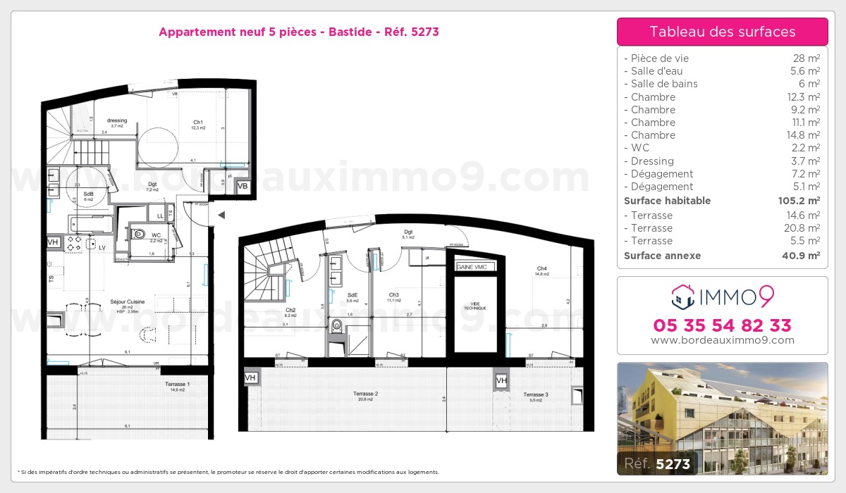 Plan et surfaces, Programme neuf Bordeaux : Bastide Référence n° 5273