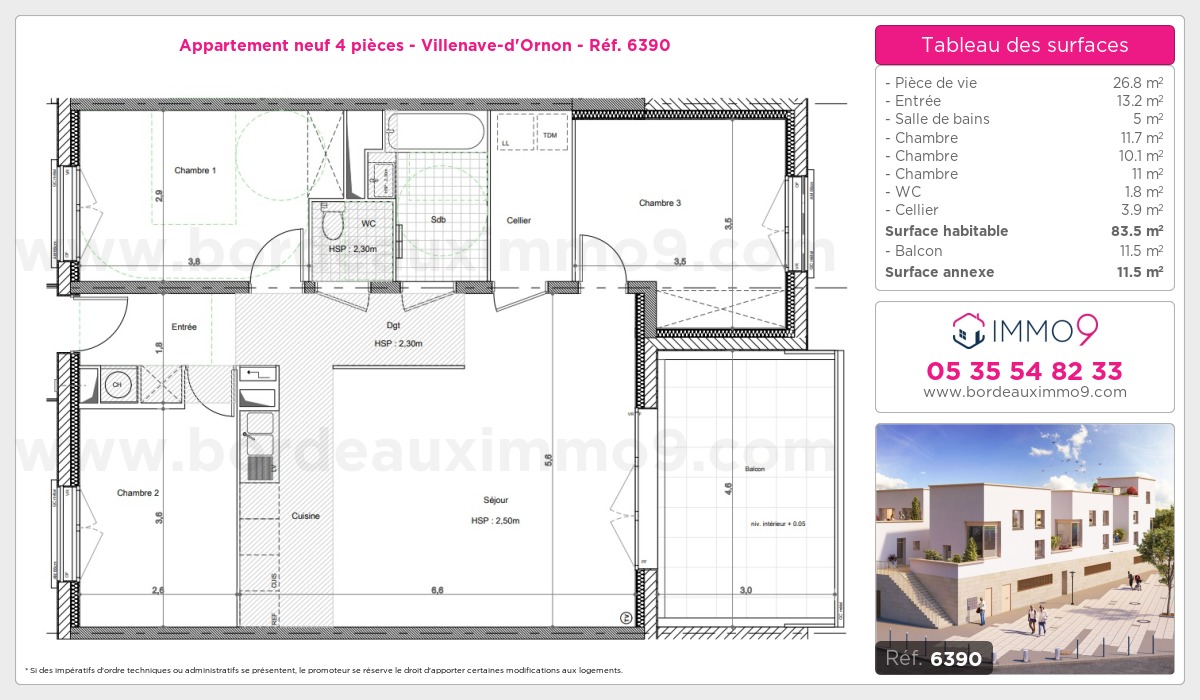 Plan et surfaces, Programme neuf Villenave-d'Ornon Référence n° 6390