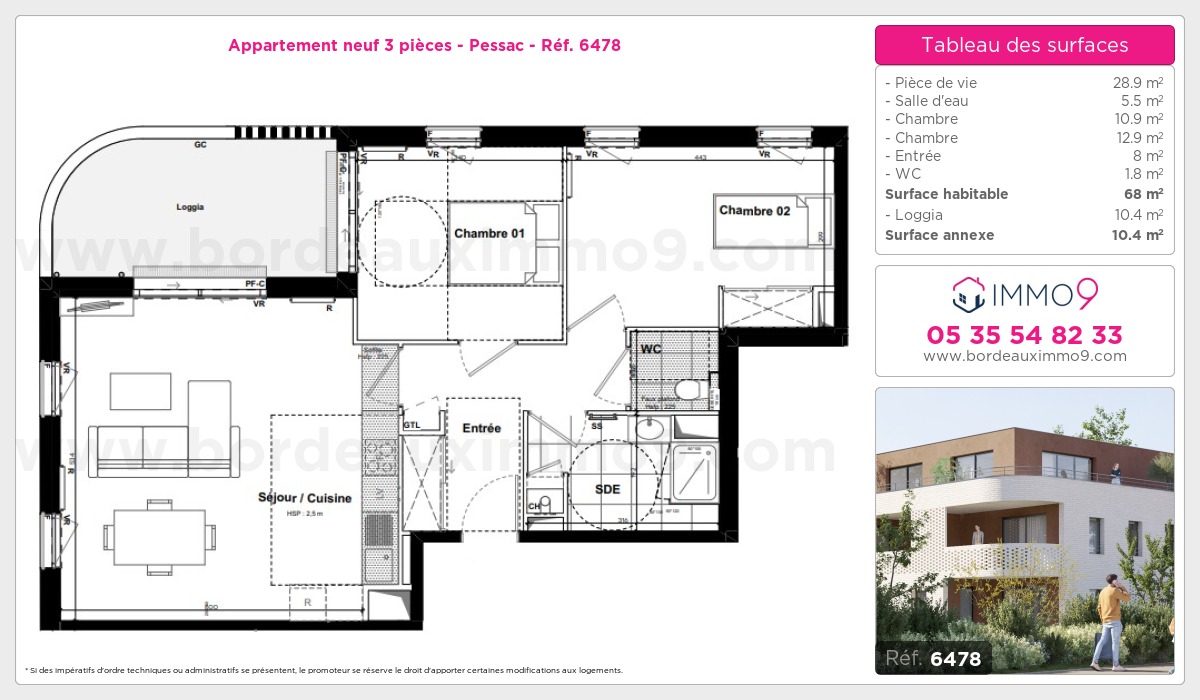 Plan et surfaces, Programme neuf Pessac Référence n° 6478