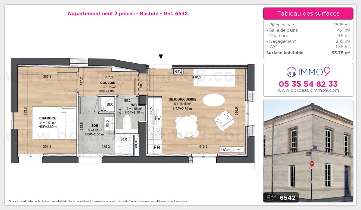 Plan et surfaces, Programme neuf Bordeaux : Bastide Référence n° 6542