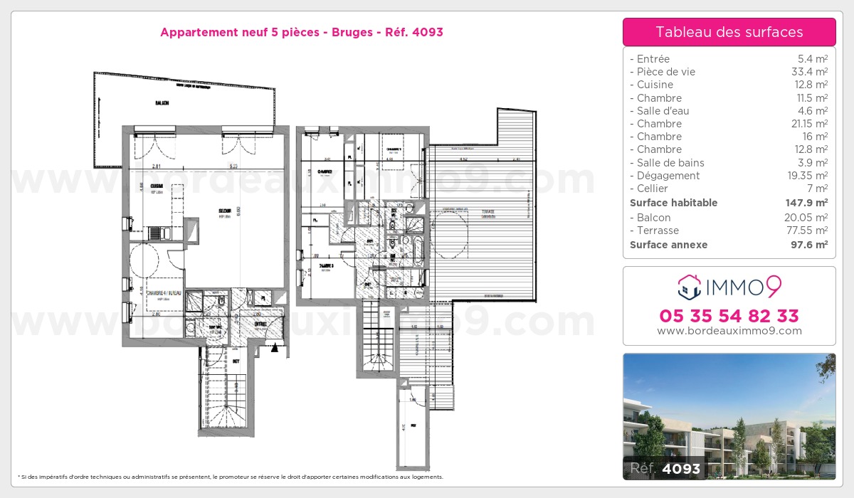 Plan et surfaces, Programme neuf Bruges Référence n° 4093