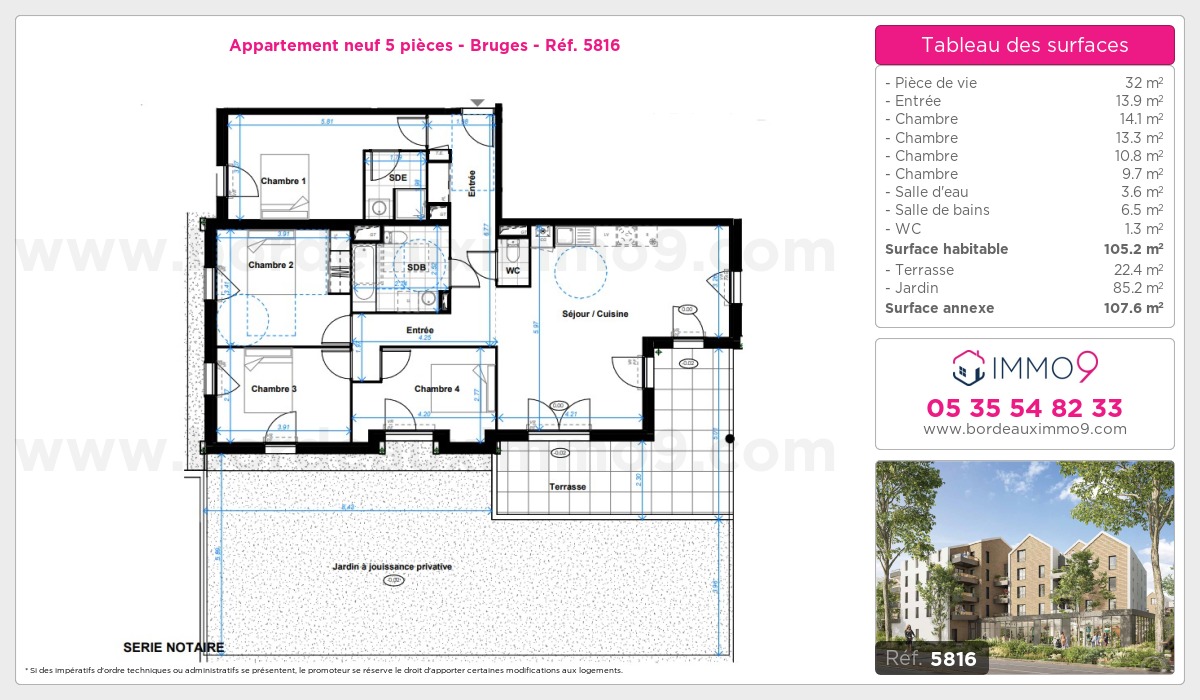 Plan et surfaces, Programme neuf Bruges Référence n° 5816