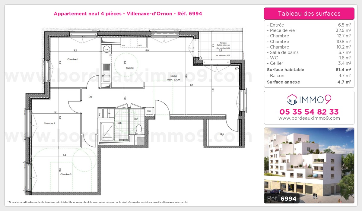 Plan et surfaces, Programme neuf Villenave-d'Ornon Référence n° 6994