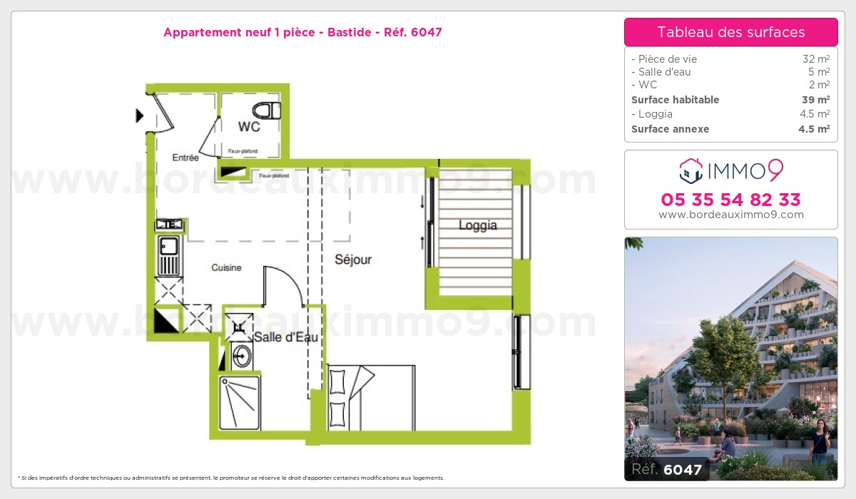 Plan et surfaces, Programme neuf Bordeaux : Bastide Référence n° 6047