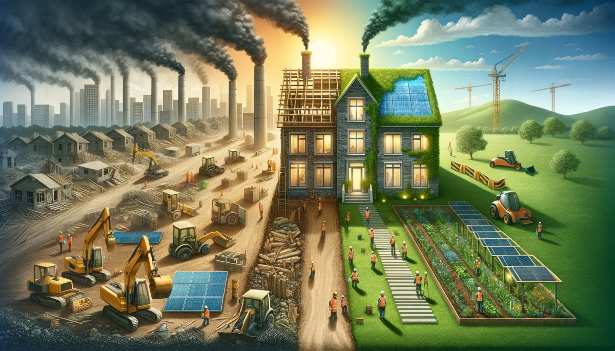 Investissement durable — une image montrant le passage de méthodes de construction obsolètes et polluantes à des méthodes de construction respectueuses de l’environnement