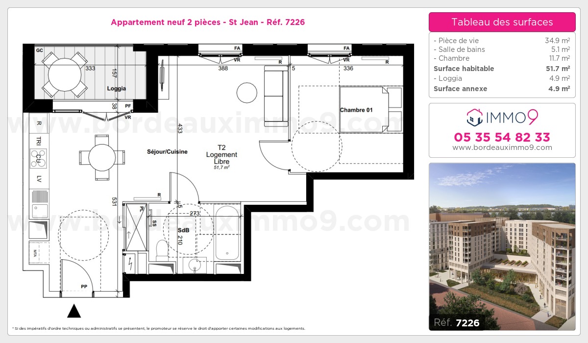 Plan et surfaces, Programme neuf Bordeaux : St Jean Référence n° 7226