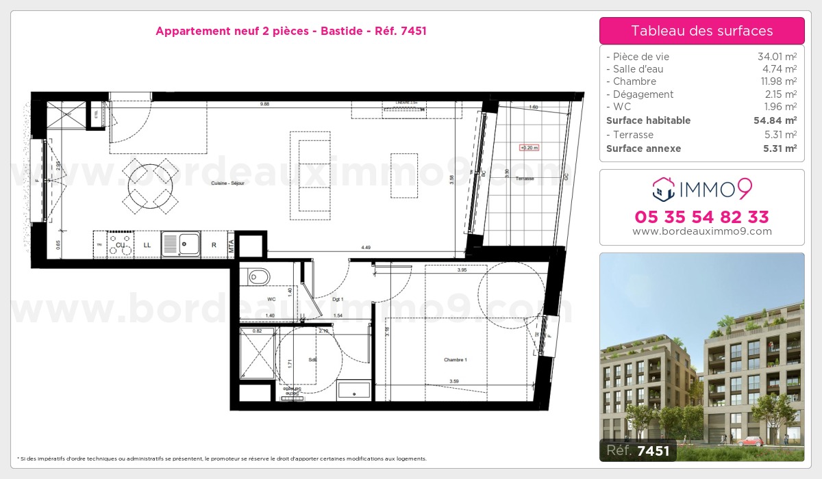 Plan et surfaces, Programme neuf Bordeaux : Bastide Référence n° 7451
