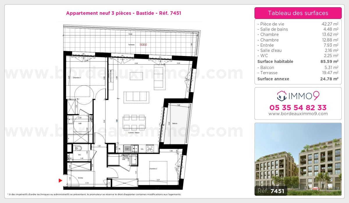 Plan et surfaces, Programme neuf Bordeaux : Bastide Référence n° 7451