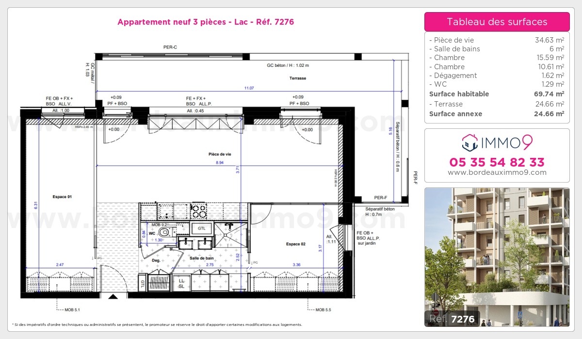 Plan et surfaces, Programme neuf Bordeaux : Lac Référence n° 7276
