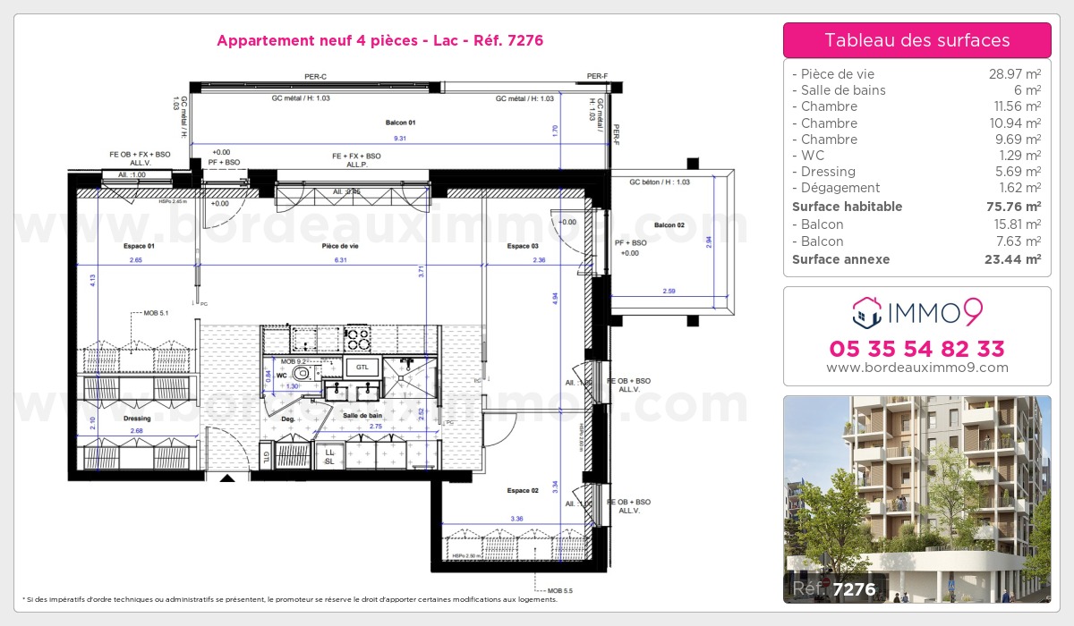 Plan et surfaces, Programme neuf Bordeaux : Lac Référence n° 7276