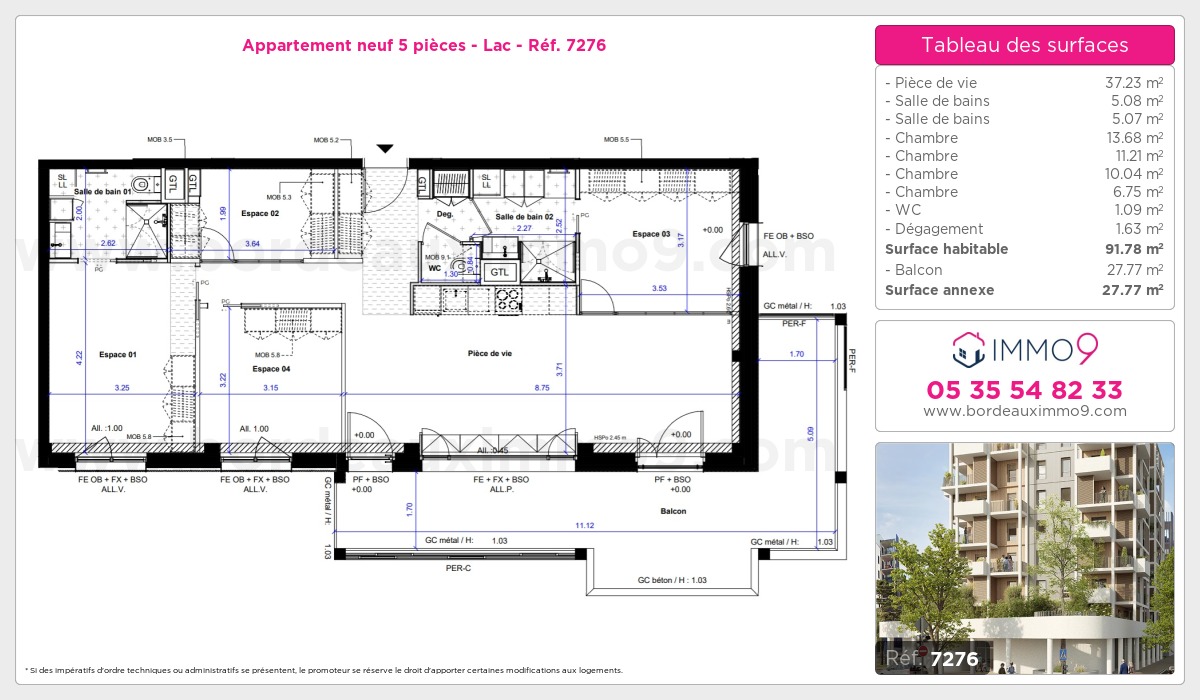 Plan et surfaces, Programme neuf Bordeaux : Lac Référence n° 7276