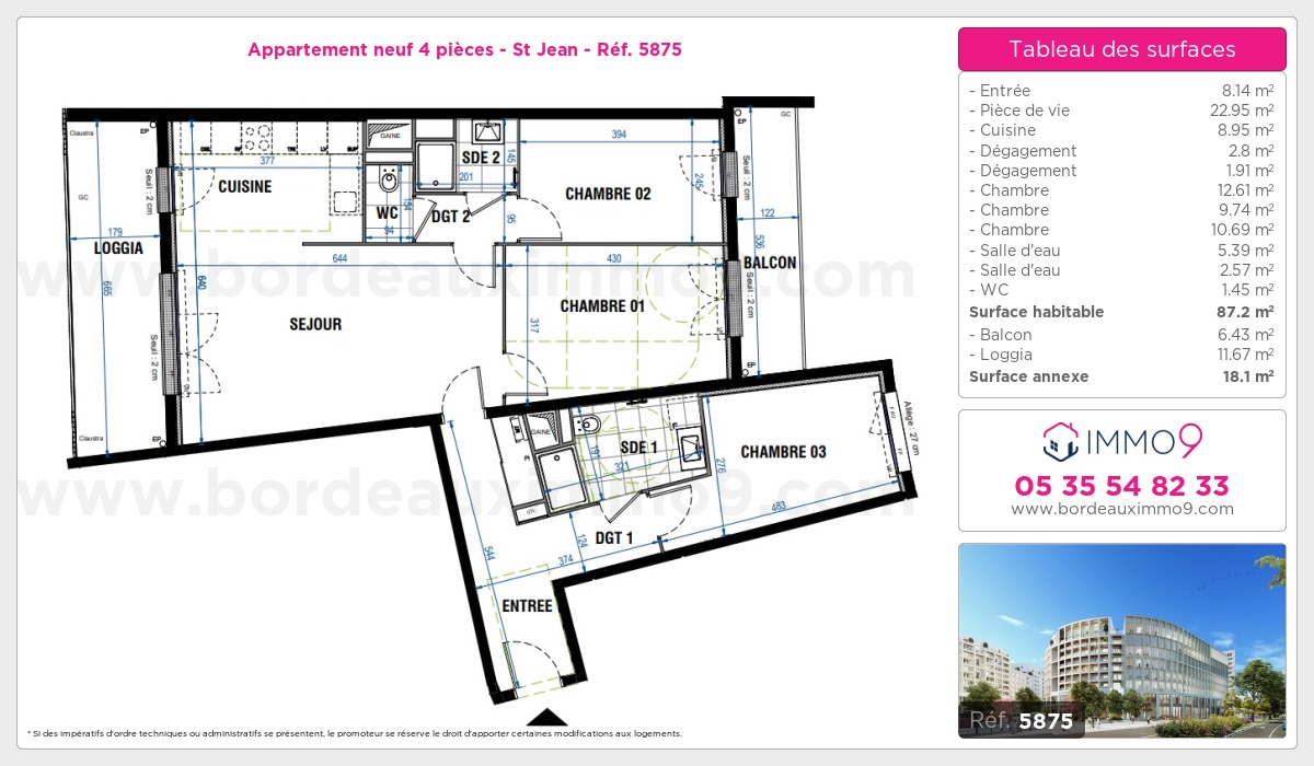 Plan et surfaces, Programme neuf Bordeaux : St Jean Référence n° 5875