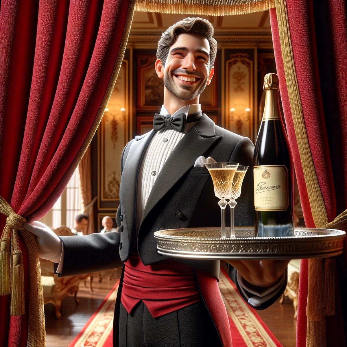 un maître d’hôtel tendant une bouteille de champagne et deux flutes sur un plateau d’argent.