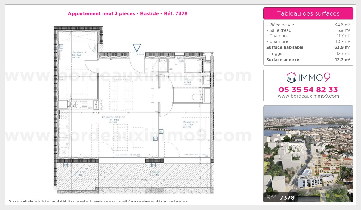 Plan et surfaces, Programme neuf Bordeaux : Bastide Référence n° 7378