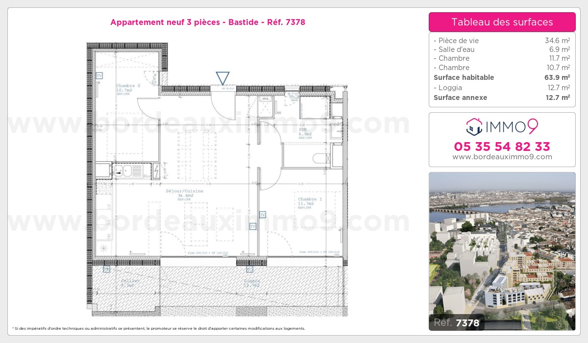 Plan et surfaces, Programme neuf Bordeaux : Bastide Référence n° 7378