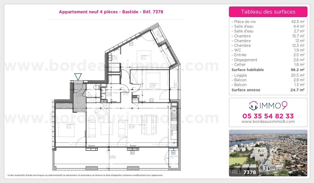 Plan et surfaces, Programme neuf Bordeaux : Bastide Référence n° 7378