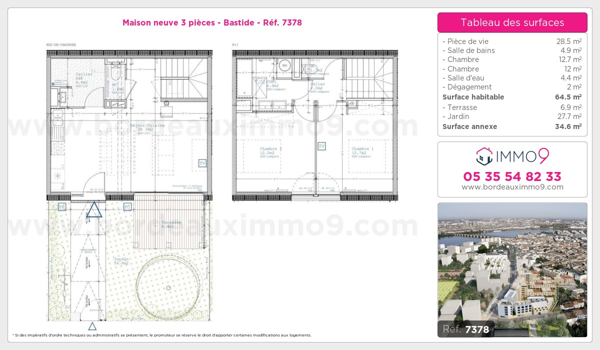 Plan et surfaces, Programme neuf Bordeaux : Bastide Référence n° 7378