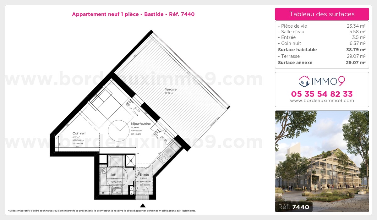 Plan et surfaces, Programme neuf Bordeaux : Bastide Référence n° 7440