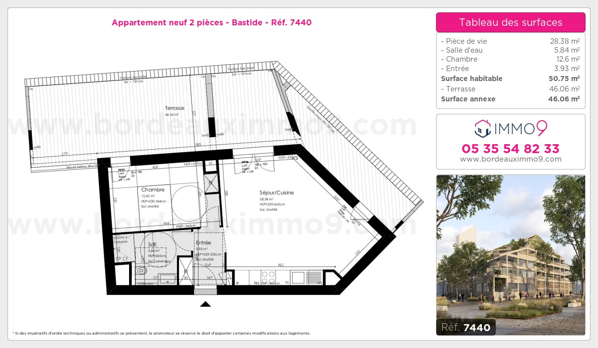 Plan et surfaces, Programme neuf Bordeaux : Bastide Référence n° 7440