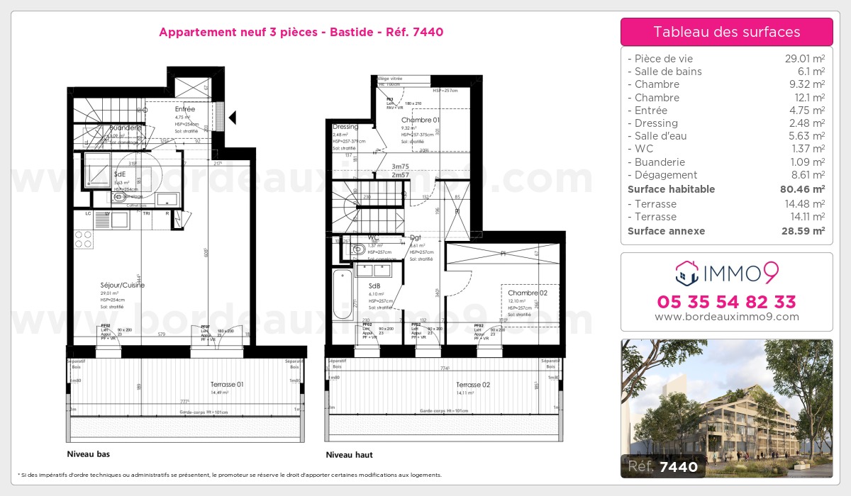Plan et surfaces, Programme neuf Bordeaux : Bastide Référence n° 7440