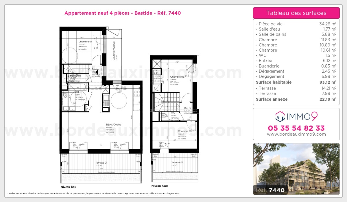 Plan et surfaces, Programme neuf Bordeaux : Bastide Référence n° 7440
