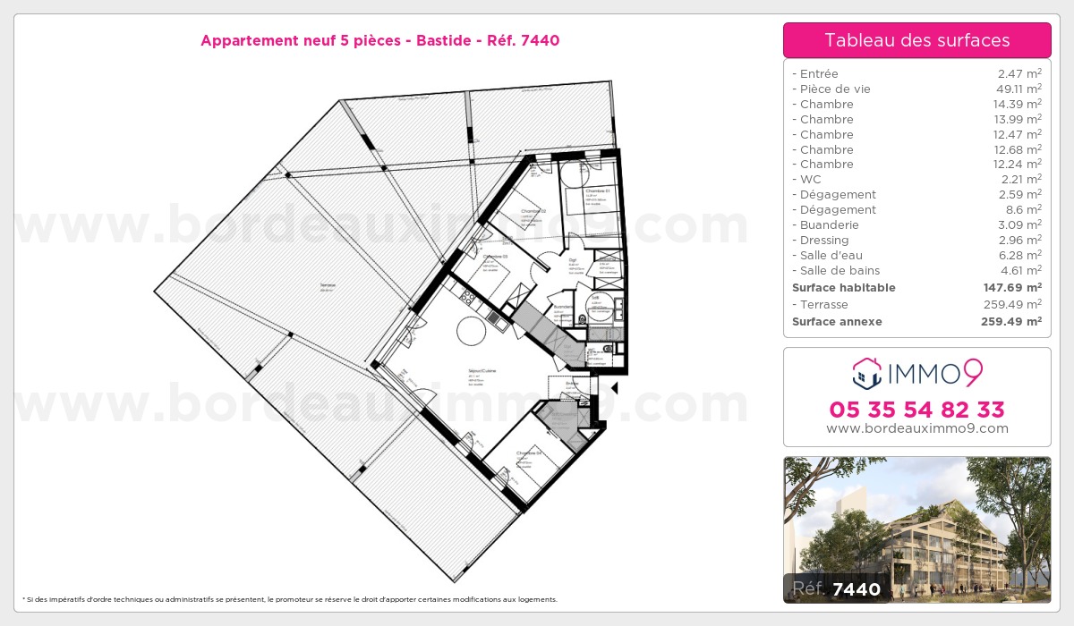 Plan et surfaces, Programme neuf Bordeaux : Bastide Référence n° 7440