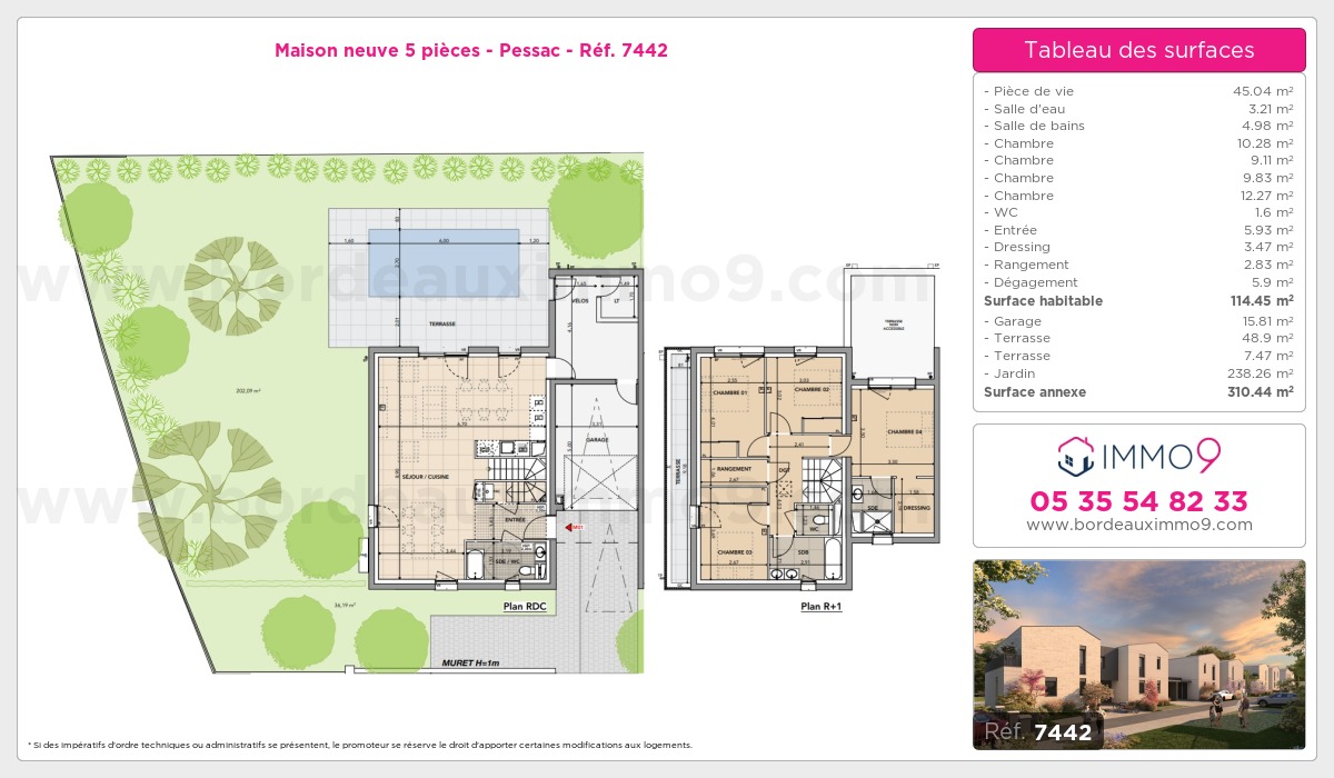 Plan et surfaces, Programme neuf Pessac Référence n° 7442