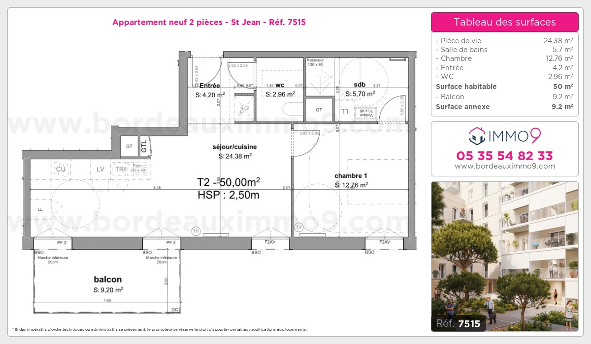 Plan et surfaces, Programme neuf Bordeaux : St Jean Référence n° 7515