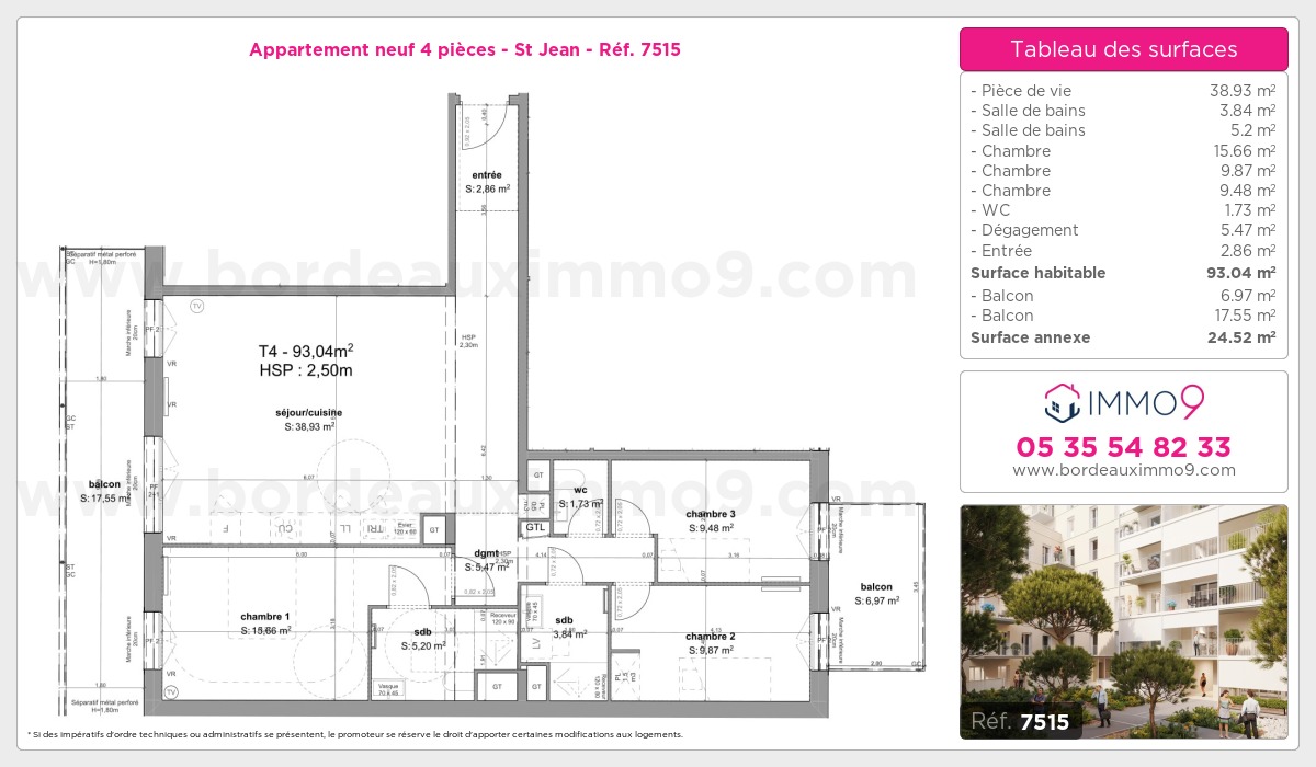Plan et surfaces, Programme neuf Bordeaux : St Jean Référence n° 7515