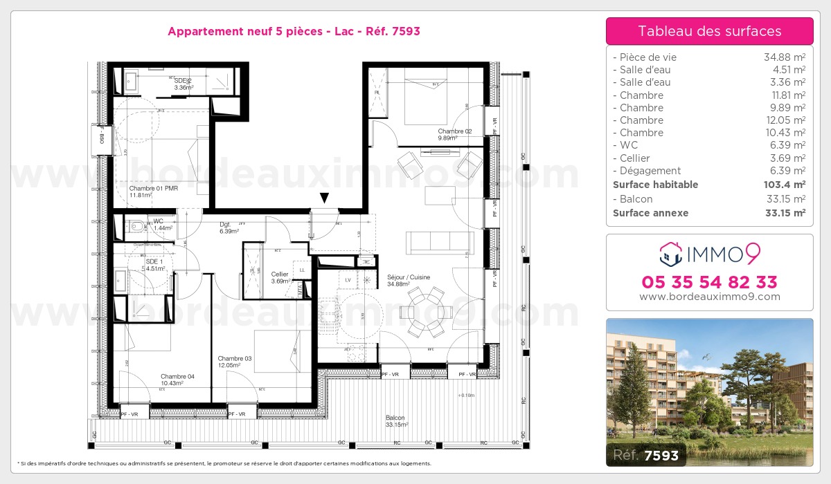 Plan et surfaces, Programme neuf Bordeaux : Lac Référence n° 7593