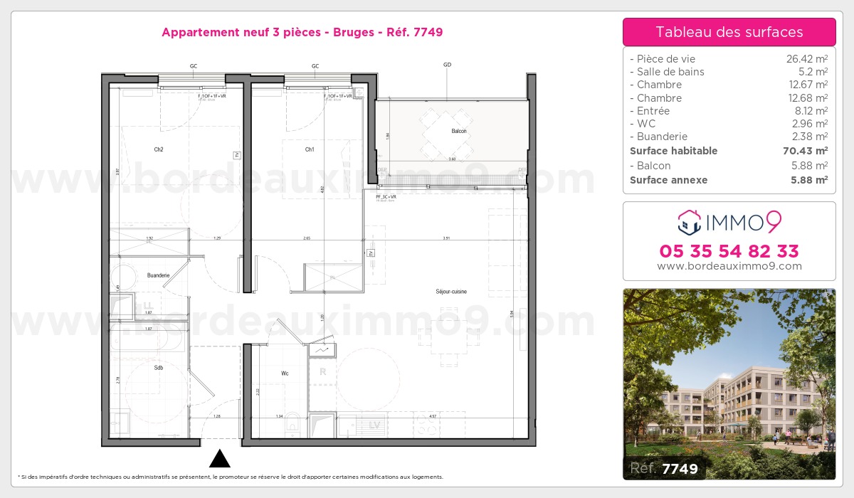 Plan et surfaces, Programme neuf Bruges Référence n° 7749