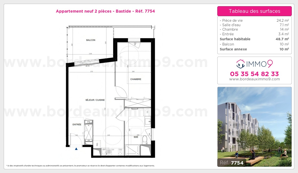 Plan et surfaces, Programme neuf Bordeaux : Bastide Référence n° 7754