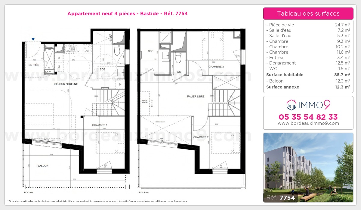 Plan et surfaces, Programme neuf Bordeaux : Bastide Référence n° 7754
