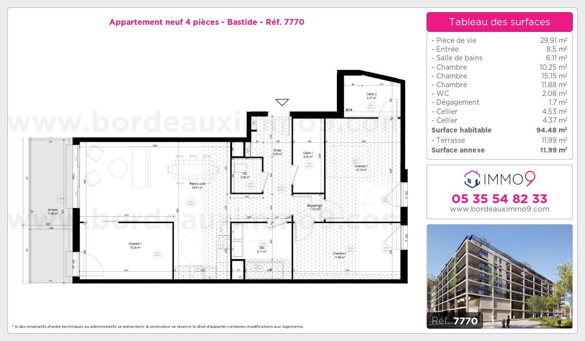 Plan et surfaces, Programme neuf Bordeaux : Bastide Référence n° 7770