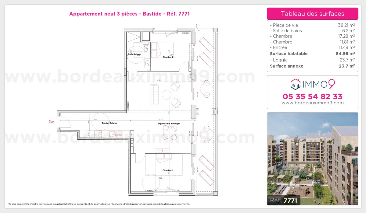 Plan et surfaces, Programme neuf Bordeaux : Bastide Référence n° 7771