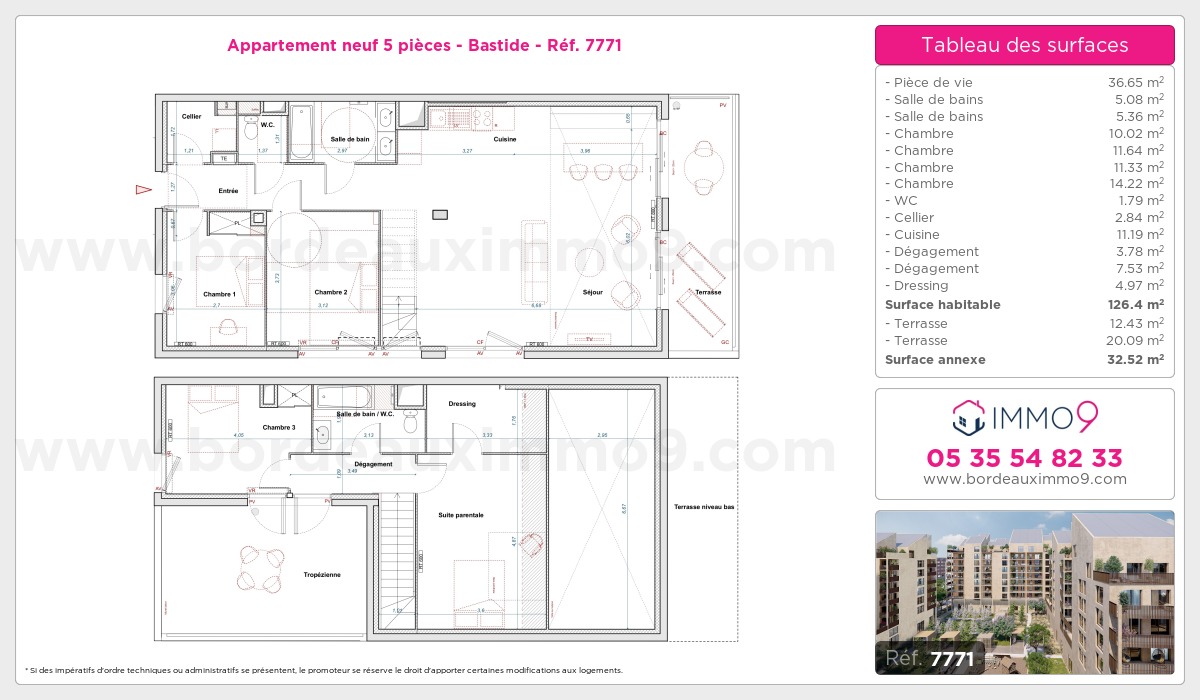 Plan et surfaces, Programme neuf Bordeaux : Bastide Référence n° 7771
