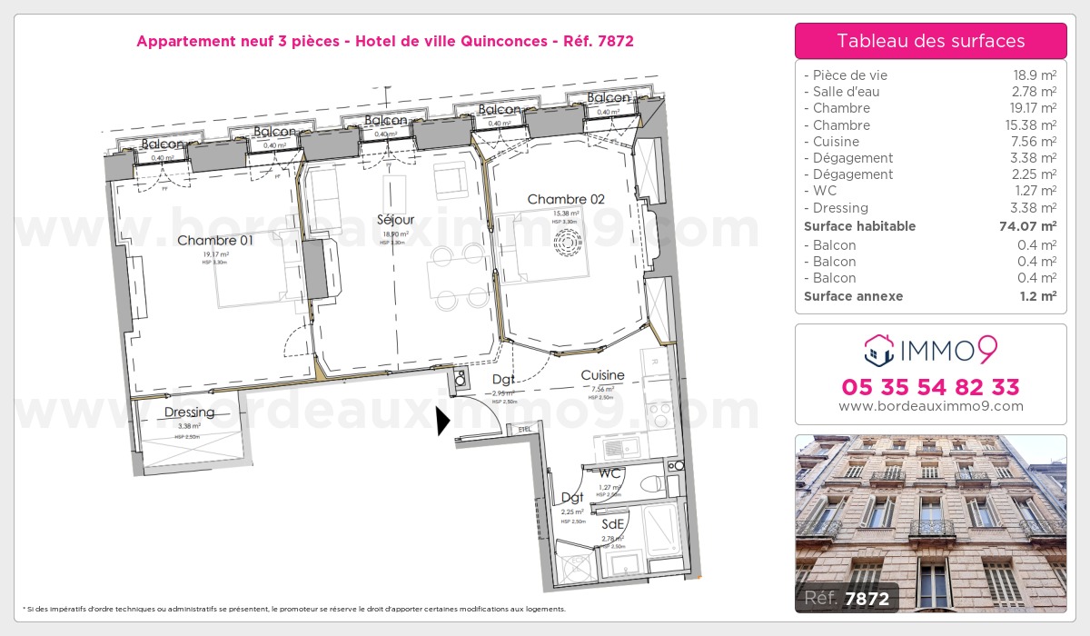 Plan et surfaces, Programme neuf Bordeaux : Hotel de ville Quinconces Référence n° 7872