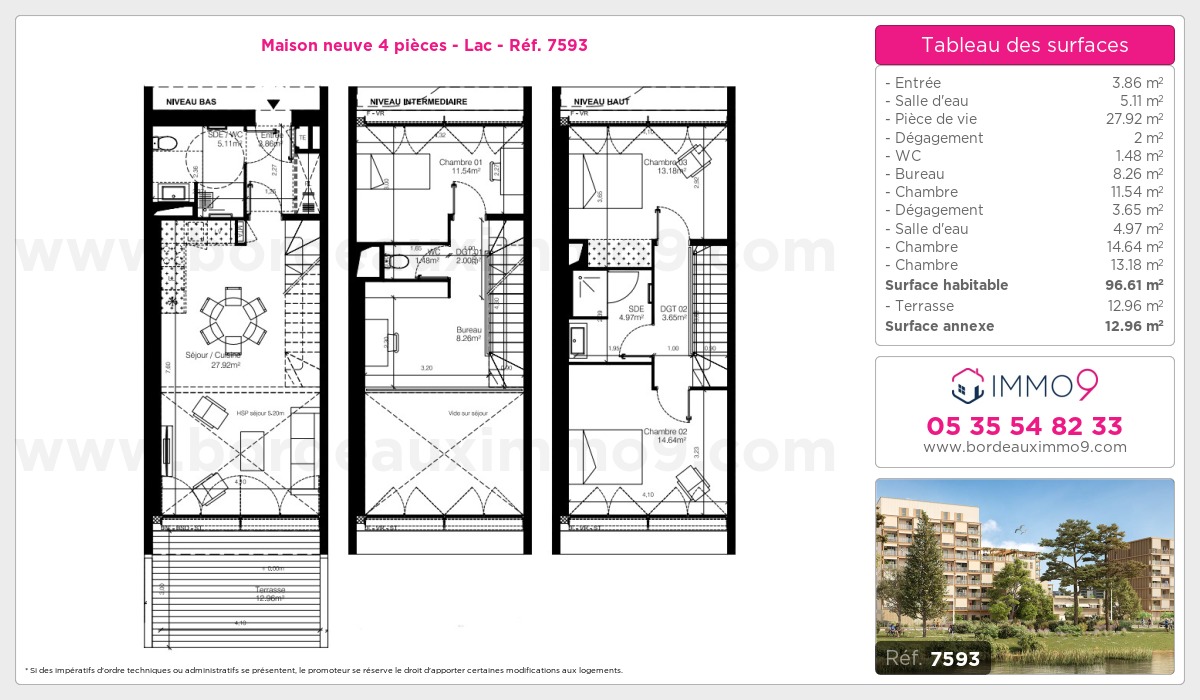 Plan et surfaces, Programme neuf Bordeaux : Lac Référence n° 7593